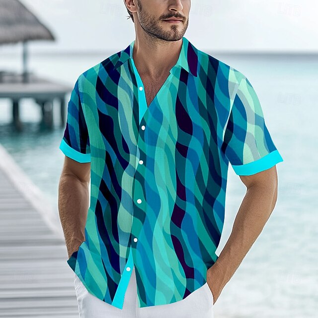 Men's Geometric Casual Shirt Button Up Shirt Short Sleeve Casual Resort Vacation Causal Casual Summer Spring Turndown Button Up Blue4