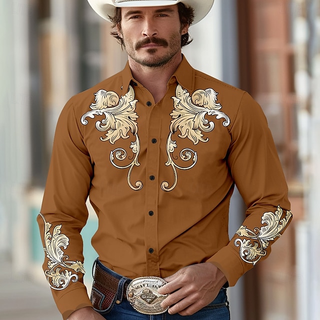  Men's Florals Western Shirt Cowboy Shirt Long Sleeve Western Casual Turndown Button Up Brown