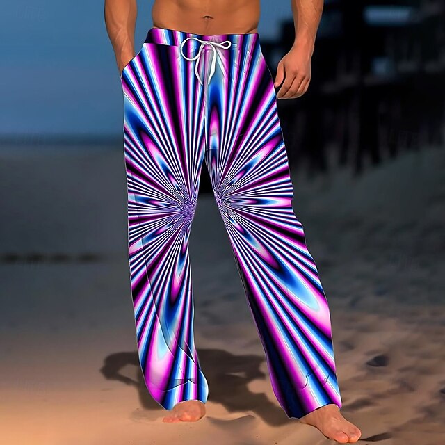 Men's Geometric Optical Illusion Dazzle color Pants Trousers Casual Pants Mid Waist Drawstring Elastic Waist Hawaiian Casual Outdoor Vacation Holiday Straight Leg Trousers Summer Spring Fall 3D Print4