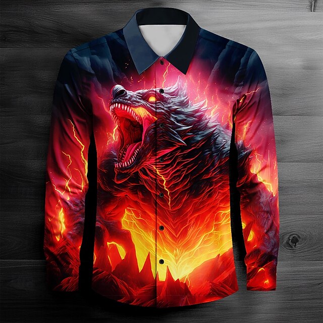  Herren Drache Kragenhemd Knopfhemd Langarm Dunkel Normal Casual Frühling Herbst Umlegekragen Knopf hoch Rote