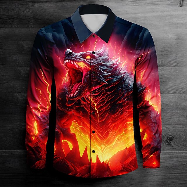 Men's Dragon Collared Shirt Button Up Shirt Long Sleeve Dark Causal Casual Spring Fall Turndown Button Up Red4