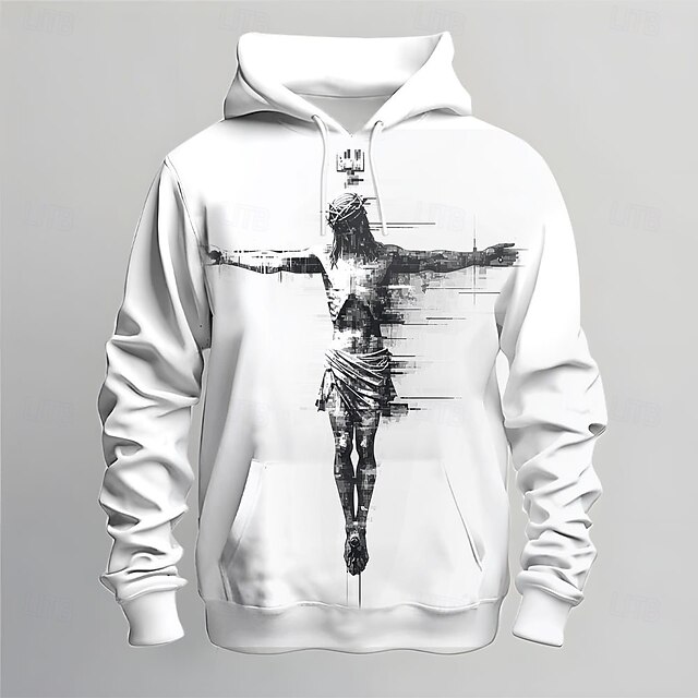  Homens Jesus Moletons Moletom Casacos Moletom com capuz Gola Redonda Moda Impressão 3D Feriado Streetwear Branco Com Cordão Outono Inverno Designer