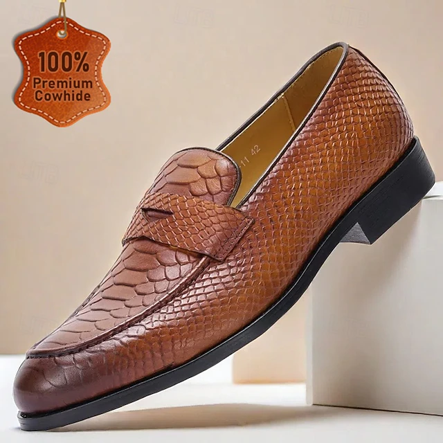 Men's Brown Premium Cowhide Leather Loafers with Textured Snake Skin Design, Slip-On Comfort, Stylish and Versatile for Casual and Formal Occasions 9