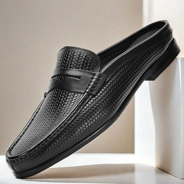 Men's Black Premium Cowhide Leather Woven Mule – Comfortable Formal Footwear for Business and Special Occasions 10