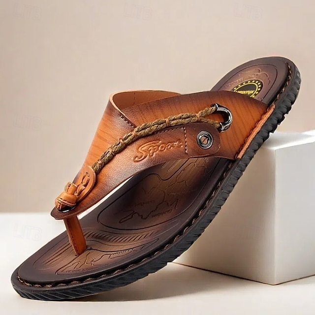  Men's Vintage Faux Leather Flip-Flops – Casual Summer Sandals with Braided Strap for Beach and Outdoor Wear