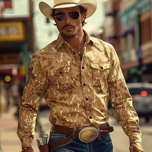 Men's Florals Western Shirt Cowboy Shirt Long Sleeve Western Causal Spring Fall Turndown Button Up Yellow4
