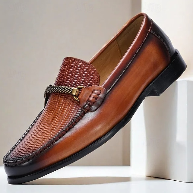  Stylish Brown Leather Loafers with Woven Detail and Metal Bit for Men | Perfect for Casual and Business Casual