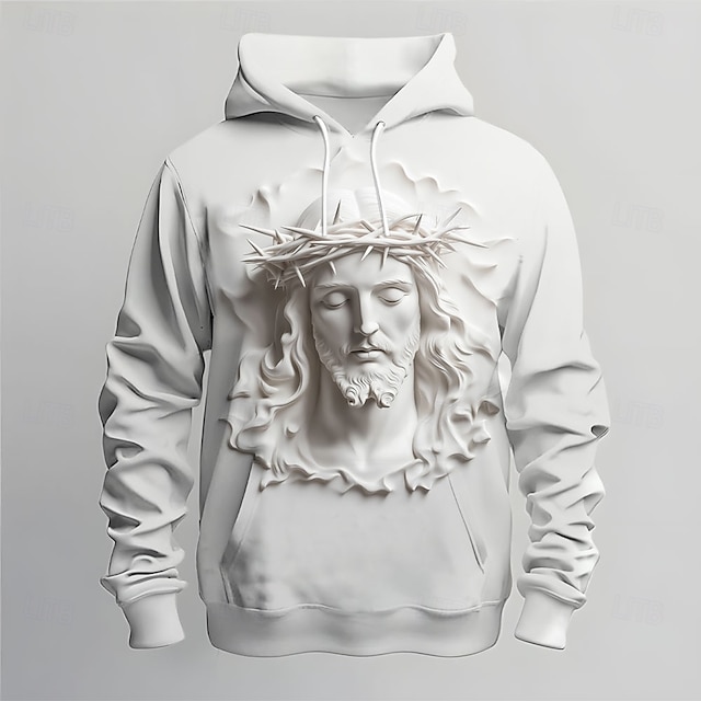  Herr 3D Print Jesus Huvtröjor Tröja Ytterkläder Huvtröja Rund hals Mode 3D-tryck Helgdag Streetwear Vit Snörning Höst Vinter Designer