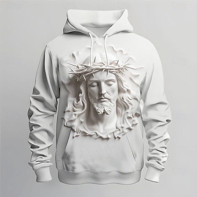 Men's Optical Illusion Jesus Hoodies Sweatshirt Fashion Cool Long Sleeve Crew Neck Holiday Streetwear White Drawstring Fall Winter Designer4