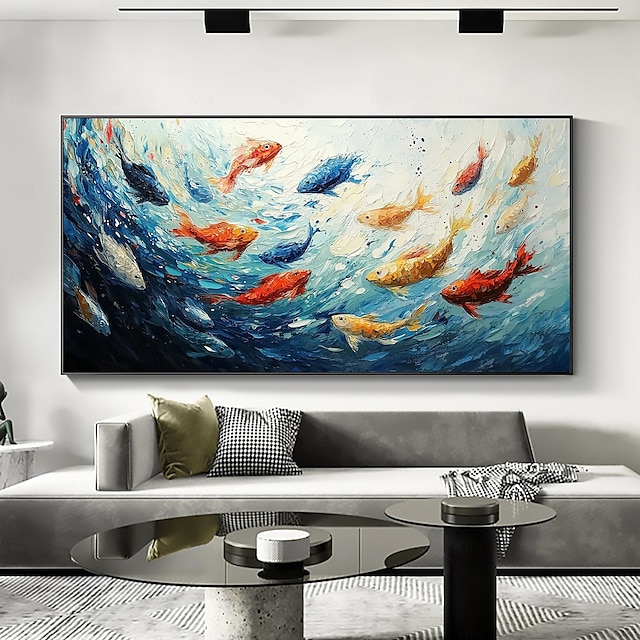  handgemachtes Original buntes Fischgemälde Ölgemälde auf Leinwand abstrakte Textur Fischschule Gemälde Wandkunst für Wohndekor mit gespanntem Rahmen/ohne Innenrahmen Gemälde