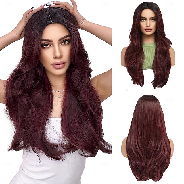  parrucche lunghe ondulate per donne riga in mezzo radici scure estremità dei capelli parrucca ondulata frontale naturale stratificata capelli sintetici ricci per halloween natale festa cosplay