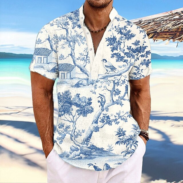 Men's Bird Floral Print Summer Hawaiian Shirt Aloha Shirt Short Sleeve Hawaiian Resort Vacation Summer Spring Stand Collar Buttons Blue4