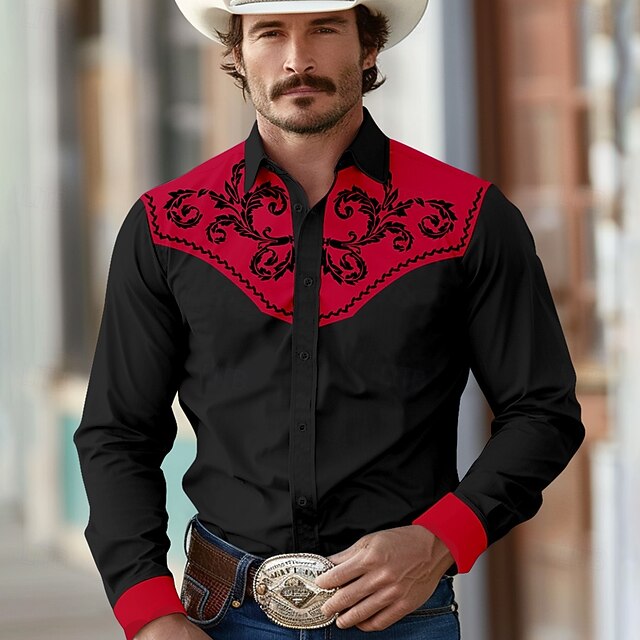 Men's Floral Western Shirt Cowboy Shirt Long Sleeve Western Style Casual Spring Fall Turndown Button Up Black4
