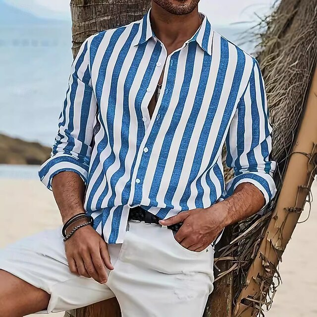 Men's Shirt Summer Shirt Casual Shirt Striped Shirt Button Up Shirt Blue Long Sleeve Stripe Collar Vacation Daily Clothing Apparel Fashion Casual2
