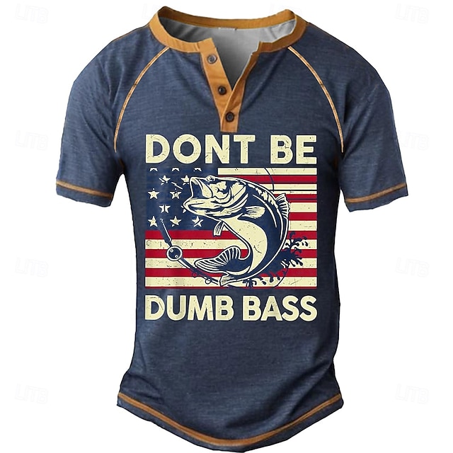  Pánské Grafika Vlajka Barevné bloky DONT BE DUMB BASS Tričko Henley Trička Krátký rukáv Módní Designové Pohodlné Venkovní Ležérní Denní Léto Černá Armádní zelená Námořnická modř Henley Tričko Henley
