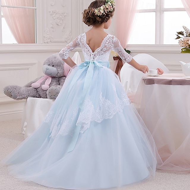  Bloemenmeisjesjurk kinderen Voor meisjes Prinses jurk Prestatie Bruiloft Feest Elegant Mooi Kant Netstof Effen Kleur Halve mouw V-hals blauw 4 jaar +