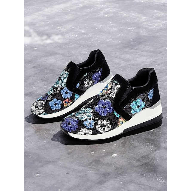  slip-on joggesko med blomsterpaljett for kvinner - komfortable glitter fritidssko med kilesåle, perfekt for fotturer eller festklær