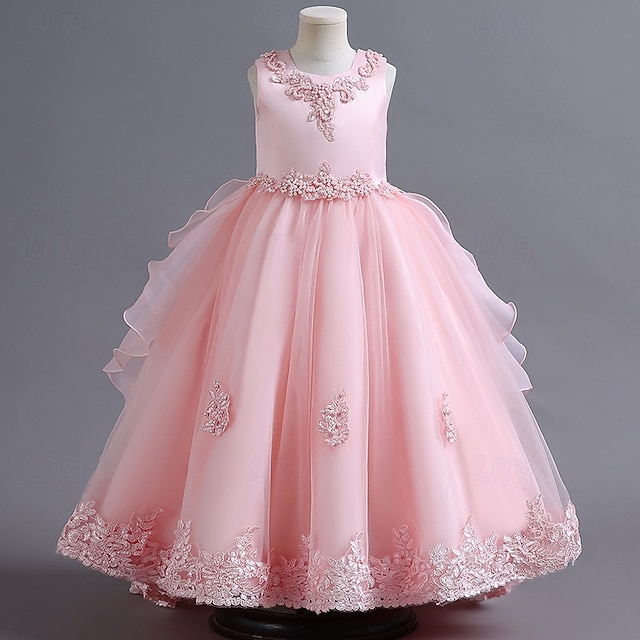  Vestido para Meninas das Flores Crianças Para Meninas Vestido de princesa Espetáculo Casamento Festa Elegante Lindo Com Transparência Côr Sólida Sem Manga Gola Redonda Vermelho Vinho Branco 4 anos +