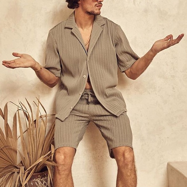  Men's 2 Piece Shirt Set Summer Set Matching Sets Casual Shirt Corduroy Shirt khaki Gray Short Sleeve Plain Collar Vacation Daily Clothing Apparel Fashion Casual Comfortable