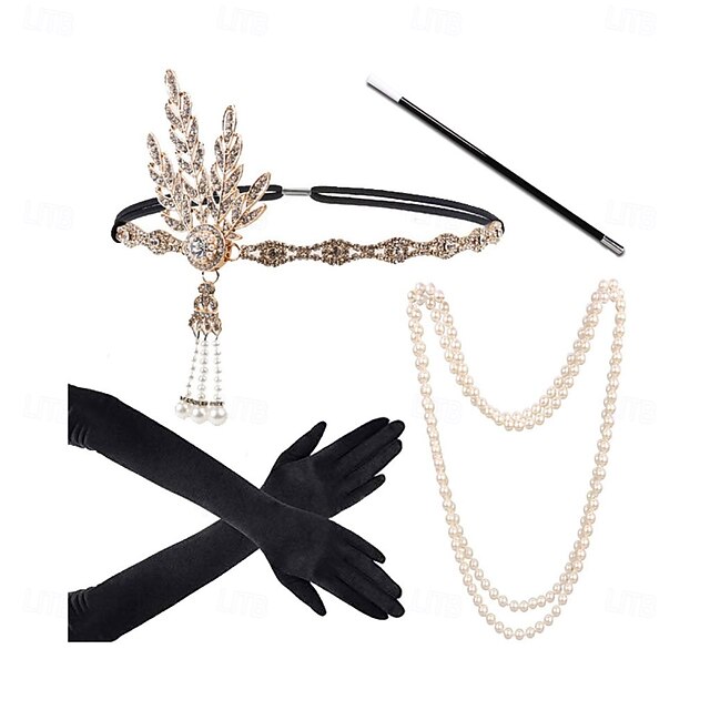1920s Flapper Accessories Gatsby Costume Accessories Set for Women 20s Headpiece Pearl Necklace Gloves Holder3
