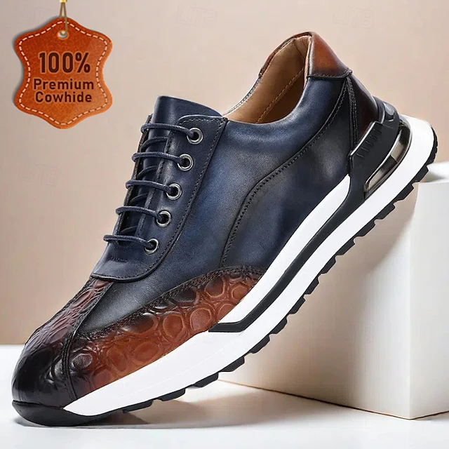 Blue and Brown Leather Sneakers with Crocodile Pattern and Lace-Up Closure for Men | Versatile for Casual and Business Casual 10