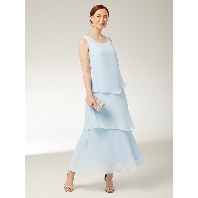  Sheath / Column Mother of the Bride Dress Beach Wedding Elegant Simple Jewel Neck Ankle Length Chiffon Sleeveless with Tier Solid Color 2025