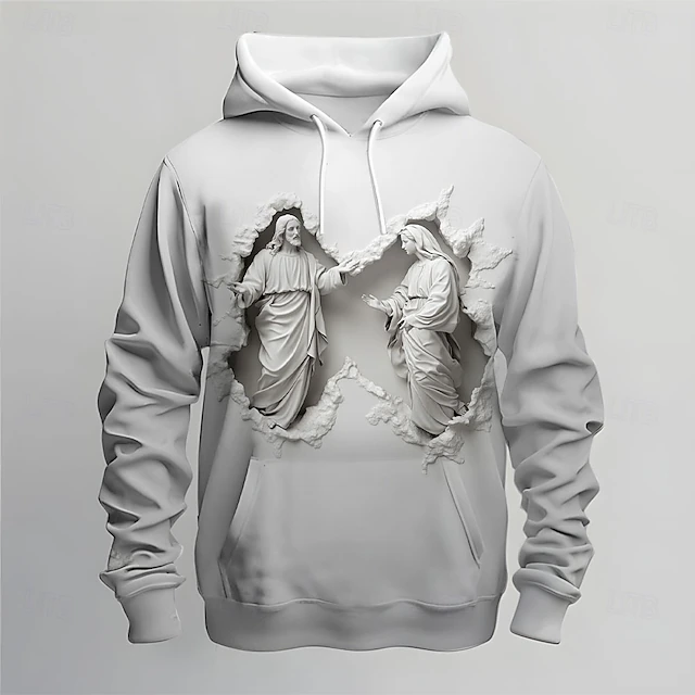 Men's Optical Illusion Hoodies Sweatshirt Ethnic Cowboy Long Sleeve Crew Neck Holiday Streetwear White Drawstring Fall Winter Designer4