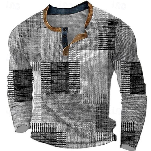 Men's Geometric Color Block Waffle Henley Shirt Waffle Knit Shirt Classic Style Long Sleeve Fashion Designer Basic Outdoor Daily Spring &  Fall Grey Henley Henley T-Shirt2