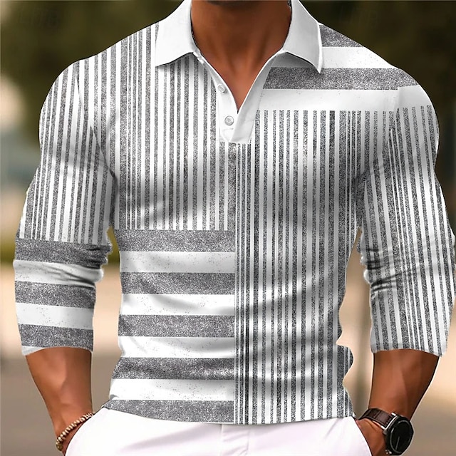  Men's Striped Polo Shirts Golf Shirt Long Sleeve Polo Shirts Collared Shirts Casual Business Casual Party Evening Wear Dailywear Buttons 3D Print Spring Fall Winter White