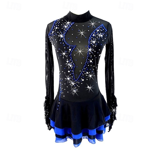  Figure Skating Dress Women's Girls' Ice Skating Dress Blue Black Patchwork High Elasticity Training Competition Skating Wear Classic Crystal / Rhinestone Long Sleeve Ice Skating Figure Skating