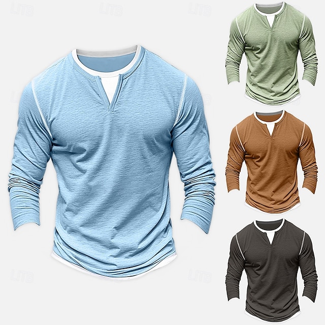  Herr Skjorta T-shirt med V-ringad Långärmad tröja Bambu-t-shirt Långärmad V-hals Vår & Höst Ensfärgat Lappverk Dagligen Ledigt Gatustil falska två stycken Utomhus Gata Casual Ljusblå Ljusgrön Mörkgrå