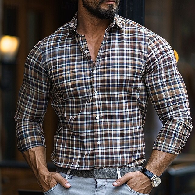 Men's Grid / Plaid Patterns Casual Shirt Button Up Shirt Long Sleeve Casual Business Casual Causal Casual Spring Fall Turndown Button Up Black4