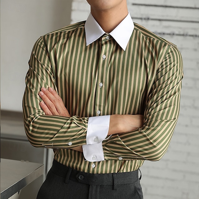  Herren Hemd Kleidhemd Knopfhemd Gestreift Hochzeit Party Schwarz Blau Dunkelgrün Grün Langarm Revers Frühling & Herbst Bekleidung
