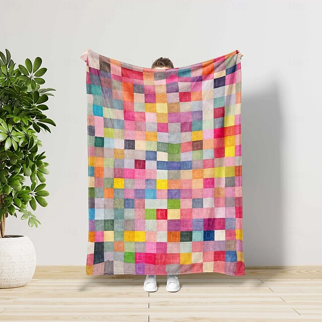  coperta a mosaico colorata, morbida e accogliente, leggera, per divano letto o viaggio, vivace motivo geometrico multicolore, resistente e resistente allo sbiadimento, perfetta per l'uso in tutte le stagioni