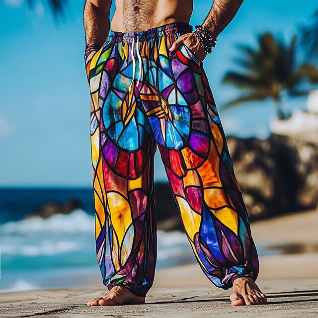 Men's Plaid Patchwork Cathedral Window Trousers Casual Pants Mid Waist Drawstring Elastic Waist Hawaiian Vintage Retro Outdoor Vacation Holiday Side Pockets Straight Leg Trousers Summer Spring Fall4