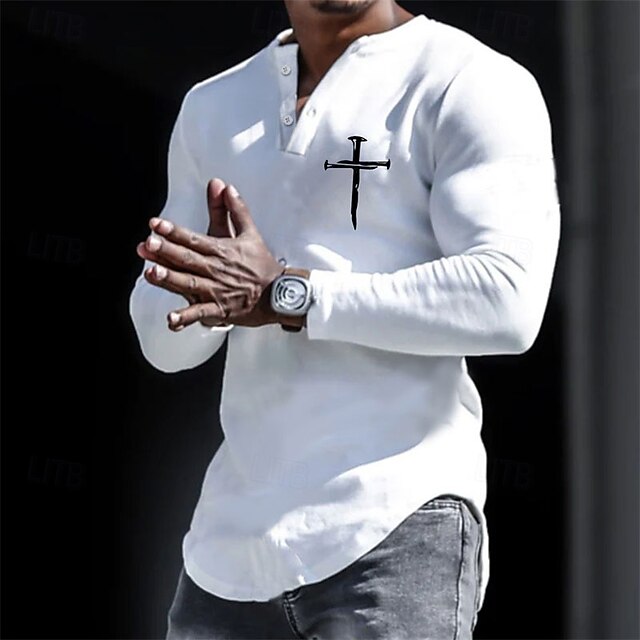 Men's Henley Shirt Cool Shirt Long Sleeve Shirt Long Sleeve Henley Spring &  Fall Graphic Prints Cross Designer Casual Comfortable Print Button-Down Street Sports Holiday White Top Tee for Men4