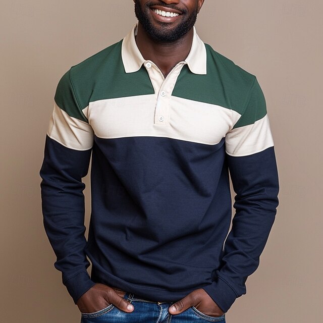 Men's Stripes Rugby Polo Long Sleeve Polo Shirts Collared Shirts Casual Outdoor Athleisure 3D Print Spring Fall Winter Green4