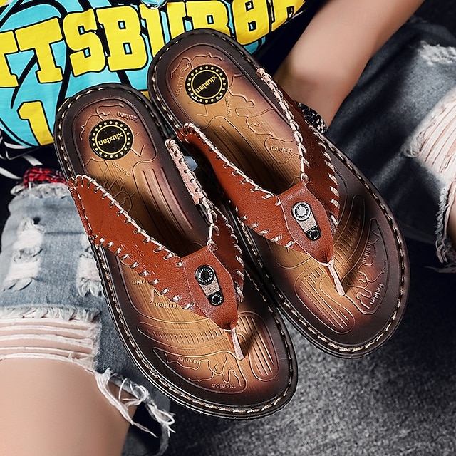  Chanclas vintage de piel sintética marrón para hombre: sandalias de verano con punta abierta hechas a mano con suela antideslizante para playa, viajes y uso informal