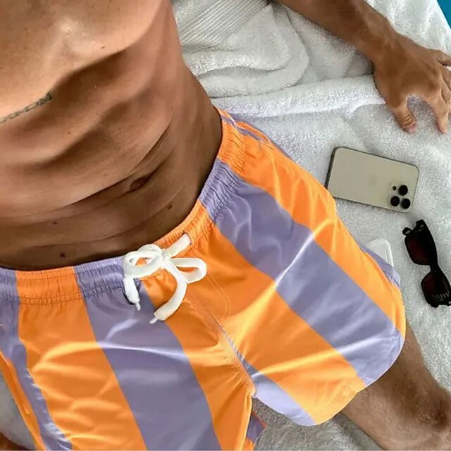 Men's Geometric Striped Swim Shorts Board Shorts Swimming Trunks Mid Waist Streetwear Hawaiian Casual Holiday Beach Vacation Wear Pocket Drawstring Elastic Waist Designer Clothing Apparel4