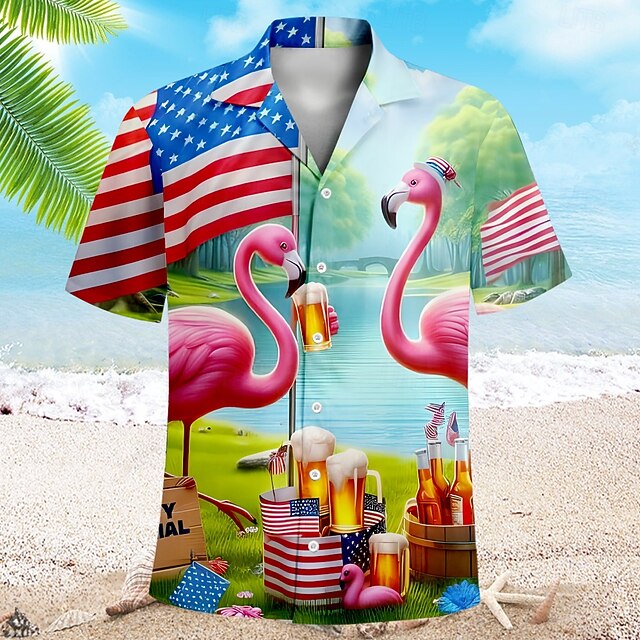 Men's Flamingo American Flag Summer Hawaiian Shirt Aloha Shirt Short Sleeve Hawaiian Vacation Summer Cuban Collar Button Up Green4