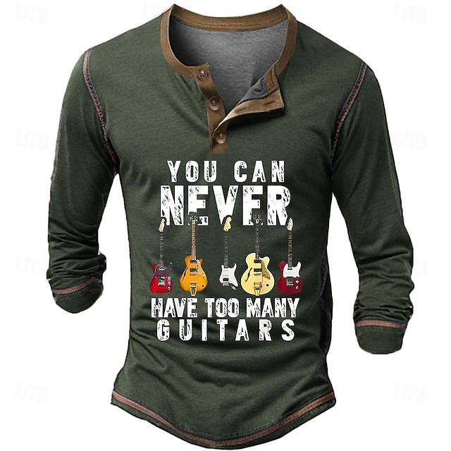  Bărbați Grafic Chitară Cămașă Henley Tricouri Manșon Lung Epocă Modă Designer În aer liber Casual Zilnic Primăvara & toamnă Verde De Armată Negru Bleumarin Henley Tricou Henley