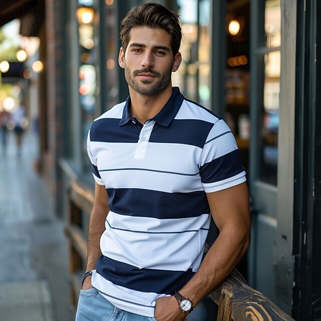 Men's Striped Rugby Polo Short Sleeve Polo Shirts Collared Shirts Casual School Outdoor Sports Daily Wear 3D Print Summer Dark Blue3