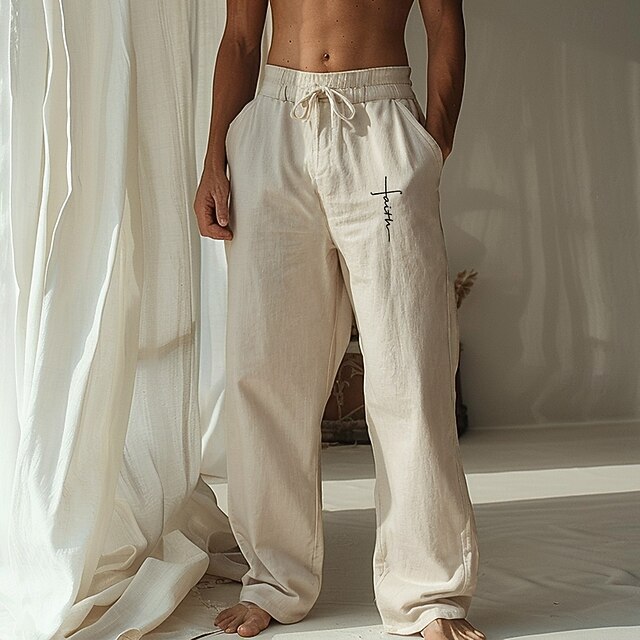 Men's Faith Letter Print Linen Pants Trousers Baggy Pants Mid Waist Hawaiian Casual Vacation Streetwear Beach Wear Drawstring Elastic Waist Wide Leg Graphic Print Beige4