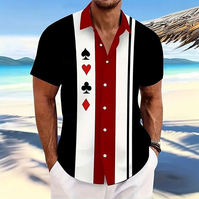 Men's Striped Poker Shirt Button Up Shirt Short Sleeve Fashion Casual Vacation Sports Outdoor Beach Wear Summer Spring Turndown Collared Shirts Black4