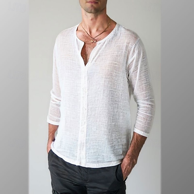  chemise à col en V pour homme, chemise blanche à manches longues, chemise décontractée, chemise de plage, noir, blanc, bleu marine, orange, kaki, uni, hawaïen, vêtements de vacances, mode