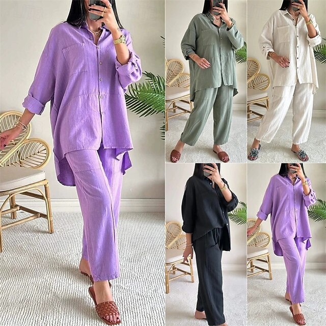 Mulheres Moda Roupa de rua Camisa Social Conjuntos inspirados em linho Conjuntos de duas peças Calças de linho Calças Conjunto Manga Longa Colarinho de Camisa Côr Sólida Com Cordão Roupa Diária