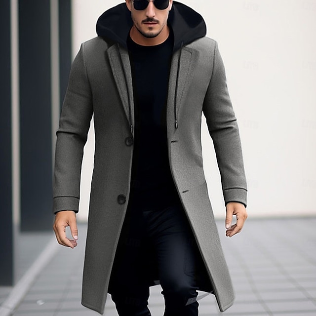 Herr Vinterkappa Yllekappa Rock Trenchcoat Utomhus Dagliga kläder Höst vinter Polyester Vindtät jacka Ytterkläder Kläder Mode Streetwear Slät Huva Enkelknäppt med Ett Knapphål
