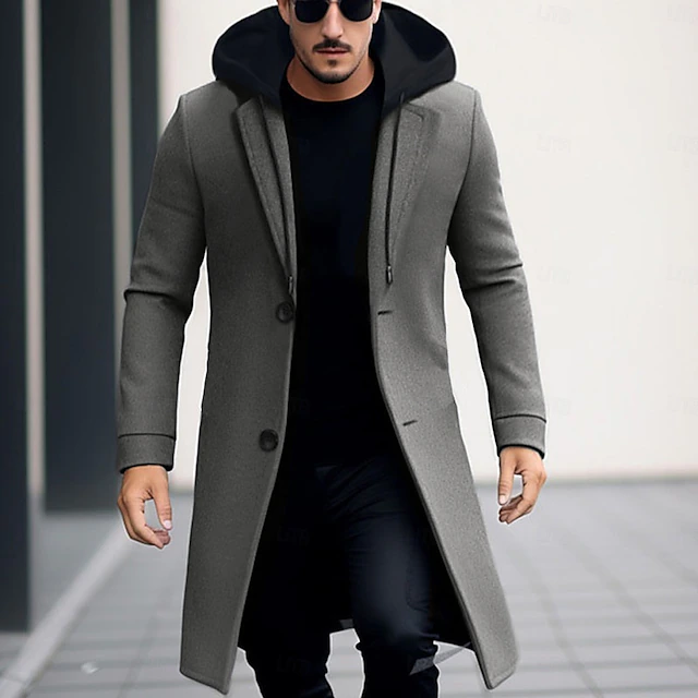 Men's Winter Coat Wool Coat Overcoat Trench Coat Outdoor Daily Wear Fall & Winter Polyester Windbreaker Outerwear Clothing Apparel Fashion Streetwear Plain Hooded Single Breasted One-button 15