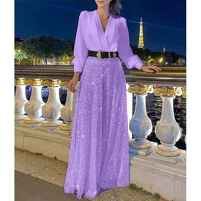  Jumpsuity matka nevěsty formální elegantní V-výstřih podlahové délky se třpytkami s dlouhým rukávem v jednobarevné variantě