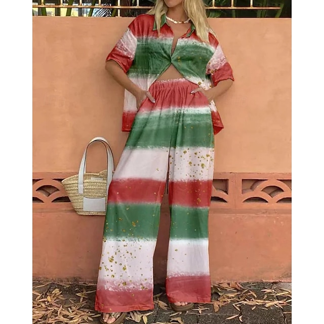  Damskie Moda Moda miejska Koszula Zestawy inspirowane lnem Zestawy dwuczęściowe Lniane spodnie Spodnie Długi rękaw Kołnierzyk koszuli Kolorowy blok Niejednolita całość Dzienne zużycie Randka Rumiany